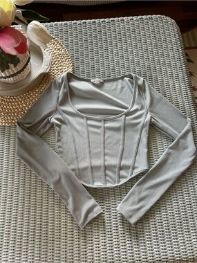 Aritzia Light Gray Ribbed Corset-Style Long Sleeve Top